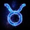 Taurus zodiac sign icon, blue neon hologram on a dark background of the starry sky, horoscope signs. The concept of fate,