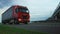 Tautliner A-frame drawbar full trailer truck with curtain side driving on highway under overpass tonight countryside