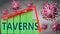 Taverns and Covid-19 virus, symbolized by viruses and a price chart falling down with word Taverns to picture relation between the