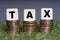 Tax Concept with tax word on stacked gold coins and green grass