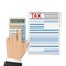 Tax form or financial document, and the man`s hand, count taxes on the calculator. Tax calculation, payment or return concept