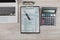 Tax forms 1040 with laptop, pen and calculator. Top view