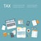 Tax payment concept. State Government taxation, calculation of tax, return. Invoice, bill paying. Tax form, calendar, magnifier.