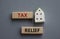 Tax Relief symbol. Concept word Tax Relief on wooden blocks. Beautiful grey background. Business and Tax Relief concept. Copy