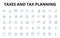 Taxes and tax planning linear icons set. Deductions, Refunds, Returns, Income, Filing, Credits, Audits vector symbols