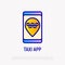 Taxi app thin line icon: yellow pointer on smartphone screen. Modern vector illustration