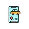 Taxi arrival message, taxi service application flat color line icon.