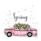 Taxi and a bouquet of tulips. Vector illustration for greeting card or poster. Spring flowers.