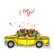 Taxi and a bouquet of tulips. Vector illustration for greeting card or poster. Spring flowers.