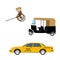 Taxi cab icon set:  yellow taxi, hand pulled rickshaw and indian tuk-tuk