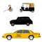 Taxi cab icon set:  yellow taxi, London cab, hand pulled rickshaw and indian tuk-tuk