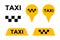 Taxi cab service vector icon set. Yellow signboard and pin signs of passenger city transport markers. Vector