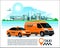 Taxi cab & trucking industry van app banner. City skyline modern buildings hi-tech. Concept template illustration of taxi call ser