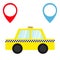 Taxi car cab icon. Placemark Map pointer navigation marker set. Cartoon transportation collection. Yellow taxicab. Checker line, l