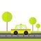 Taxi car cab icon on the road. Green grass, tree. Cartoon transportation collection. Yellow taxicab. Checker line, light sign. New