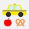 Taxi car cab icon. Soft pretzel bakery. Red apple fruit. New York symbol. Cartoon transportation collection. Yellow taxicab. Check
