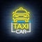 Taxi car design neon glowing logos concept template.