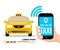 Taxi car , hand with phone . taxi service banner poster template.