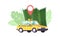 Taxi Car, Map and Navigation Pin, Yellow Taxicab Sedan with Checker Oracle and Light Box on Roof Automobile Taxi Service