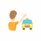 Taxi car and passenger waving icon, cartoon style