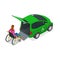 Taxi or car for woman on wheelchair. Vehicle with a lift. Mini car for physically disabled people. Flat 3d vector