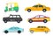 Taxi cars in different cities. Transport for fast traveling. Vector illustrations set