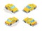 Taxi cars. Yellow service vehicles passenger machines isometric various point view vector