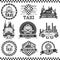 Taxi company labels in vintage style. Design elements, icons, logo, emblems. Cab transportation service.