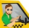 Taxi driver with sunglasses in yellow car smiling