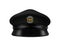 Taxi drivers cap moskup. Black realistic chauffeur hat with yellow taxi logo