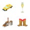 Taxi, glass of wine and other web icon in cartoon style. factory, boots.