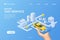 Taxi landing page. Isometric web app banner. Phone with car on display. Yellow city cab. Street navigation. Smartphone