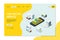 Taxi landing. Website page with smartphone order yellow taxi car in isometric urban landscape vector template