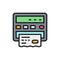 Taxi meter, paper receipt bill flat color line icon.