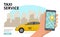 Taxi order. Hand holding smartphone and push button to call business city public urban car vector travel concept