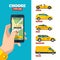 Taxi order online. hand holding smartphone and view various type of taxi