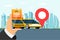 Taxi ordering service app concept. Hand holding smartphone with geotag gps location pin arrival address on city and