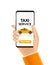 Taxi service app design. Mobile phone order taxi app illustration service driver yellow car