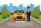 Taxi Service Concept Driver Standing At Yellow Cab Automobile Car Over Silhouette City Background With Copy Space
