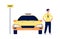 Taxi service. Driver stand near yellow car. Isolated happy man near city transport. Taxi stop vector illustration