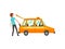 Taxi Service, Man Putting Luggage in Car Cartoon Vector Illustration