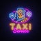 Taxi Service Neon Signboard Vector. Taxi Online neon sign, Hands with smartphone and taxi application design template