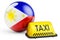 Taxi service in Philippines concept. Yellow taxi car signboard with Filipino flag, 3D rendering