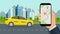 Taxi service with phone in hand. Flat urban background with sedan cab and online traffic with location in map. Man calls yellow