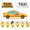 Taxi service vector icons. Taxi signs. Checkered taxi, car, passenger, transportation, trip