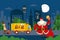 Taxi set, Santa uses the truck to make gifts vector illustration Delivery worker takes boxes on wheelbarrow out trailer