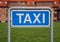 Taxi Sign Closeup with Building and Grass Background