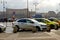 Taxi standing on the square near the Kiev railway station in Moscow