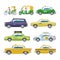 Taxi vector taxicab transport and yellow car transportation illustration set of city cab auto on taxi-rank and taxi