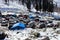 Taxi are waiting for travelers at mountain valley in Kashmir, India.